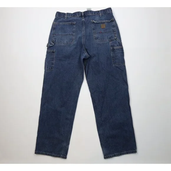 Vintage Y2K Carhartt Mens 36x32 Faded Wide Leg Dungaree Denim Jeans Blue Cotton